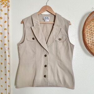 Vintage Khaki Cotton Vest USA Made Minimal Button Medium